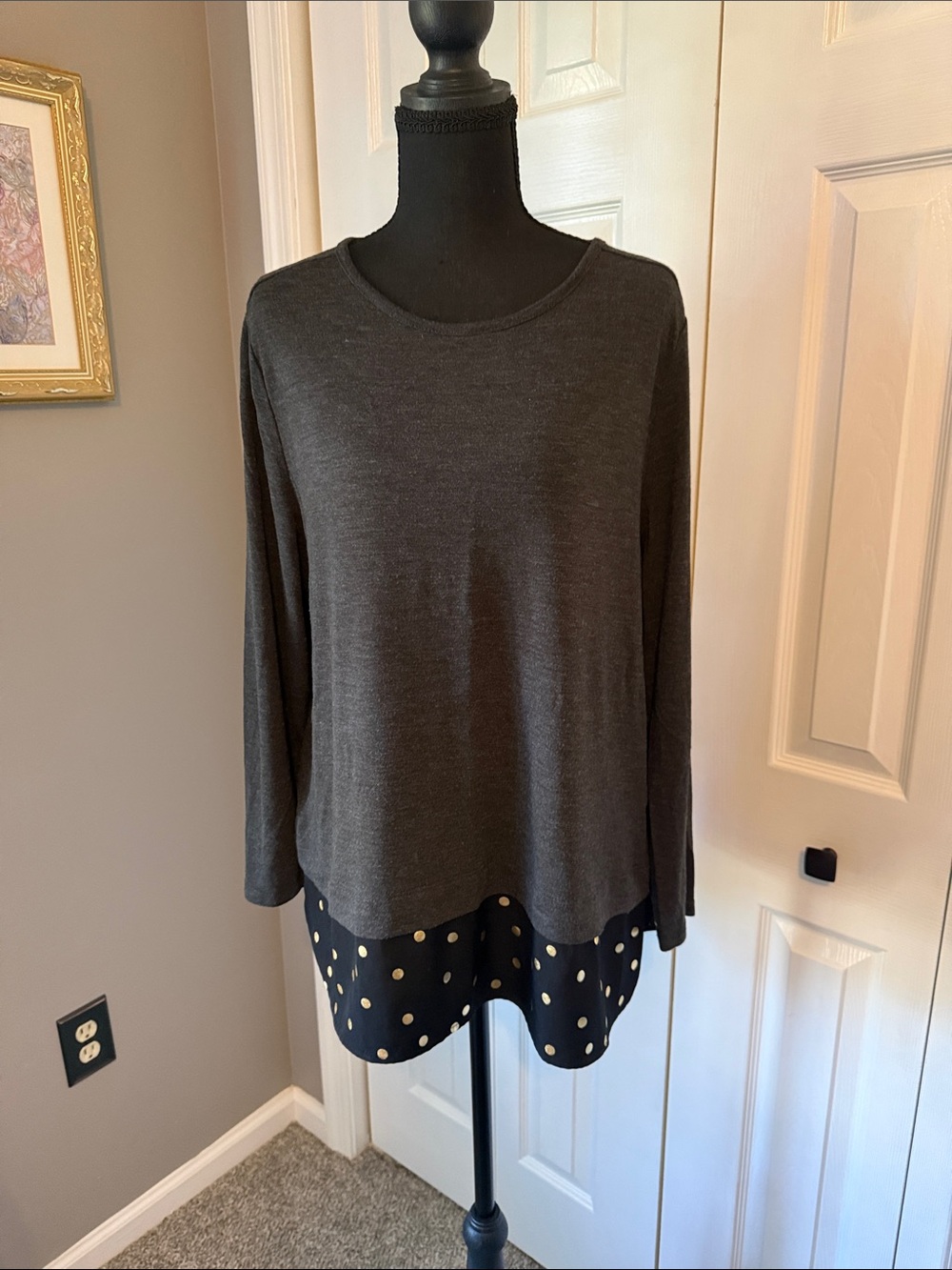 J. Crew Factory Charcoal Gray Layered Polka Dot Hem Shirt